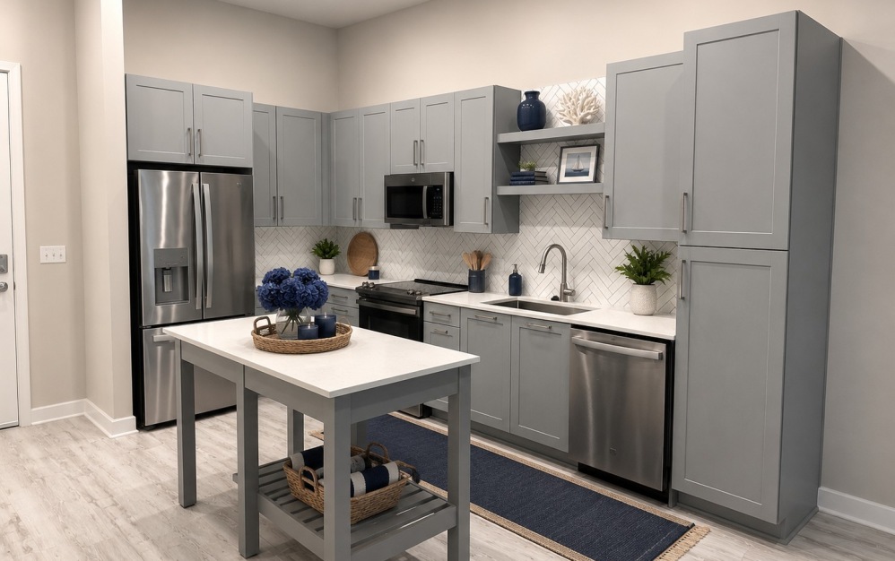 A6 - 1 bedroom floor plan layout with 1 bathroom and 747 square feet (Kitchen, 3D)
