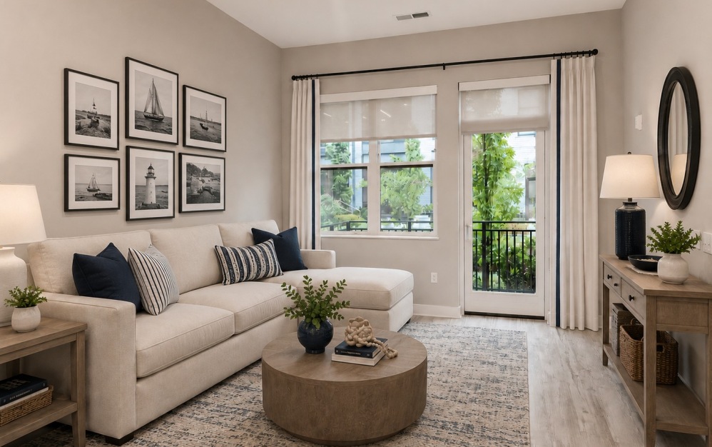 A6 - 1 bedroom floor plan layout with 1 bathroom and 747 square feet (Living Room, 2D)