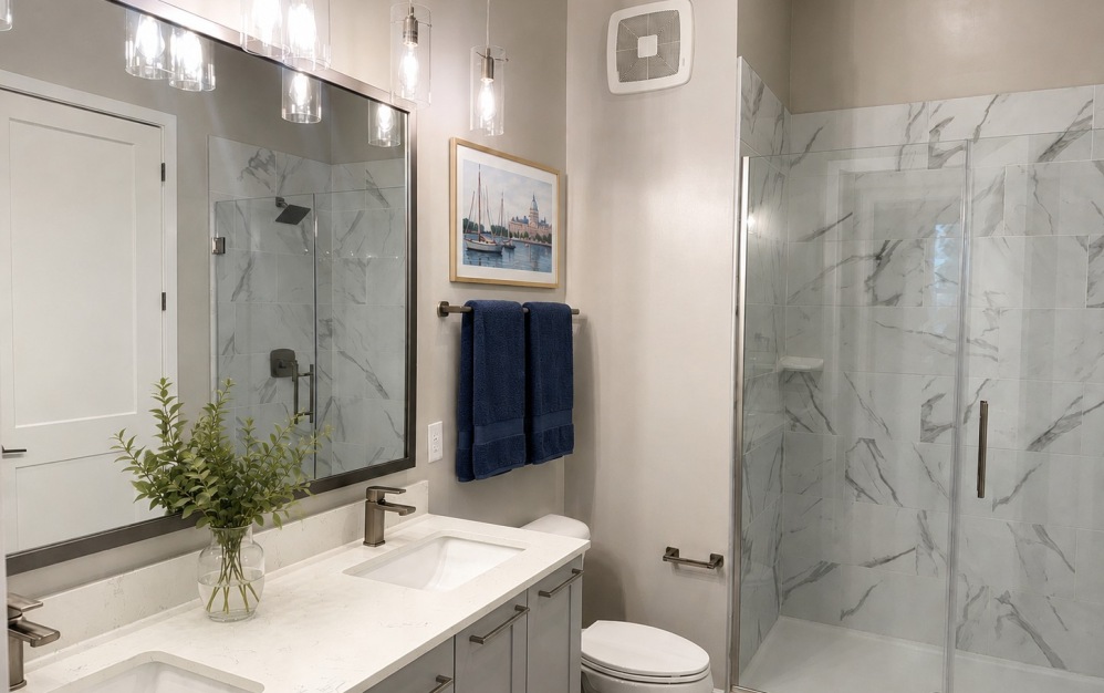 A6 - 1 bedroom floor plan layout with 1 bathroom and 747 square feet (Bathroom, 3D)