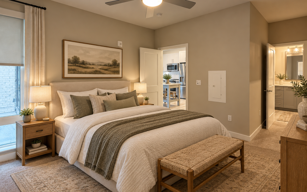 A3 - 1 bedroom floor plan layout with 1 bathroom and 683 square feet (Bedroom, 3D)