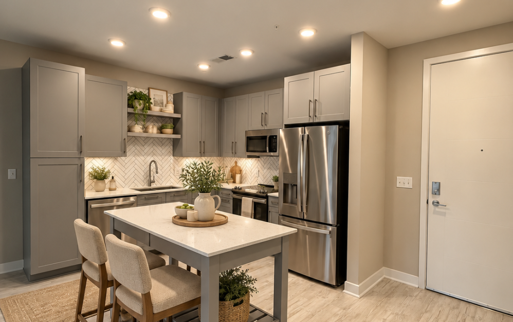 A3 - 1 bedroom floor plan layout with 1 bathroom and 683 square feet (Kitchen, 3D)