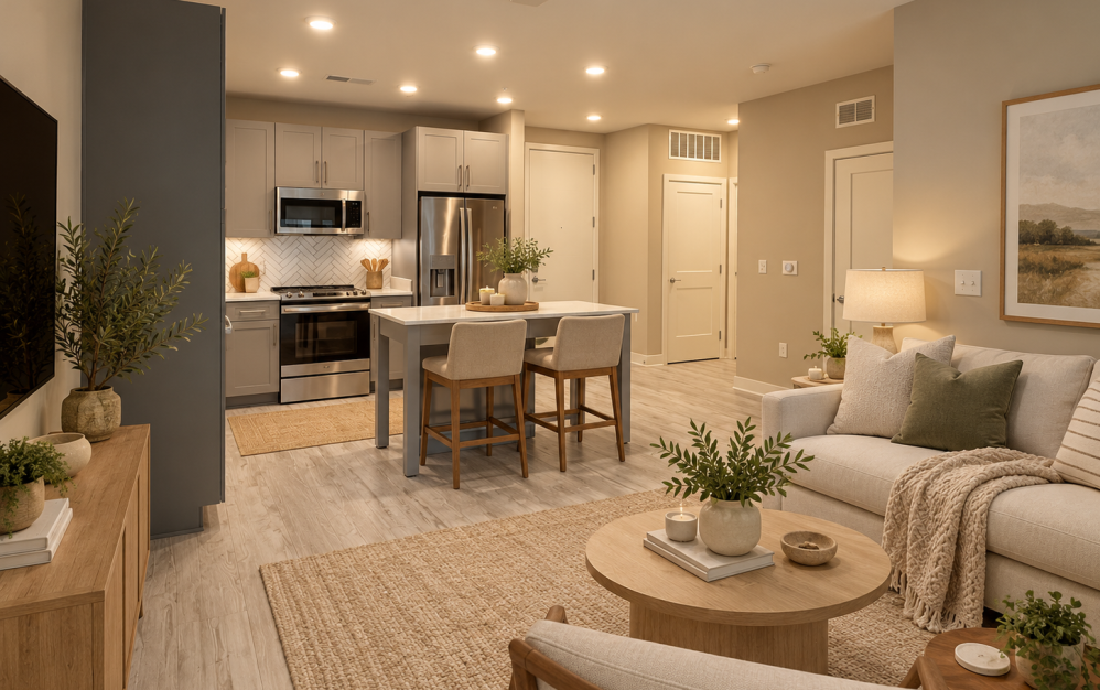 A3 - 1 bedroom floor plan layout with 1 bathroom and 683 square feet (Living Area, 3D)