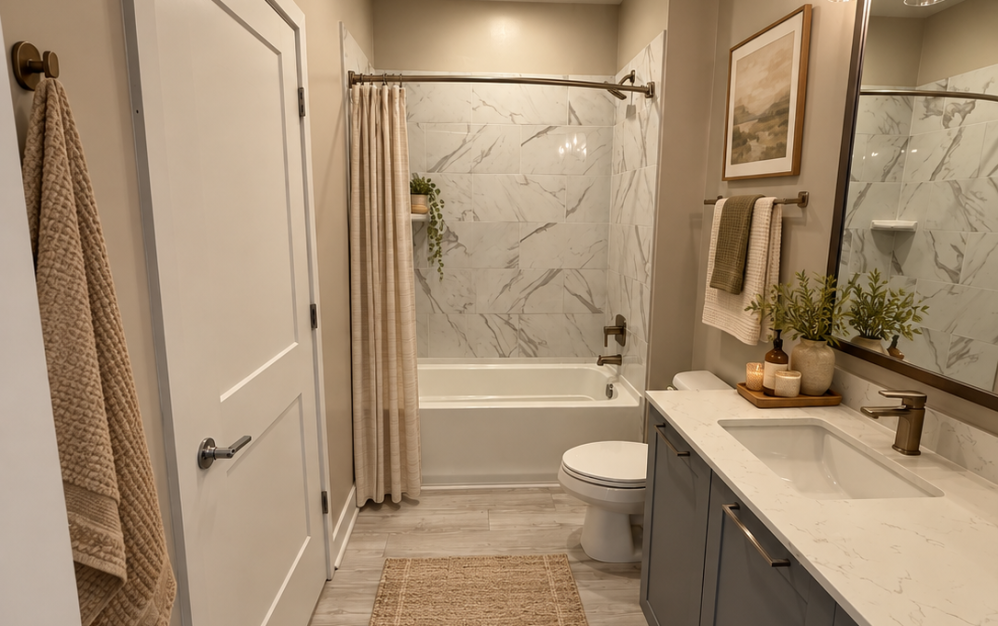 A4 - 1 bedroom floor plan layout with 1 bathroom and 735 square feet (Bathroom, 3D)