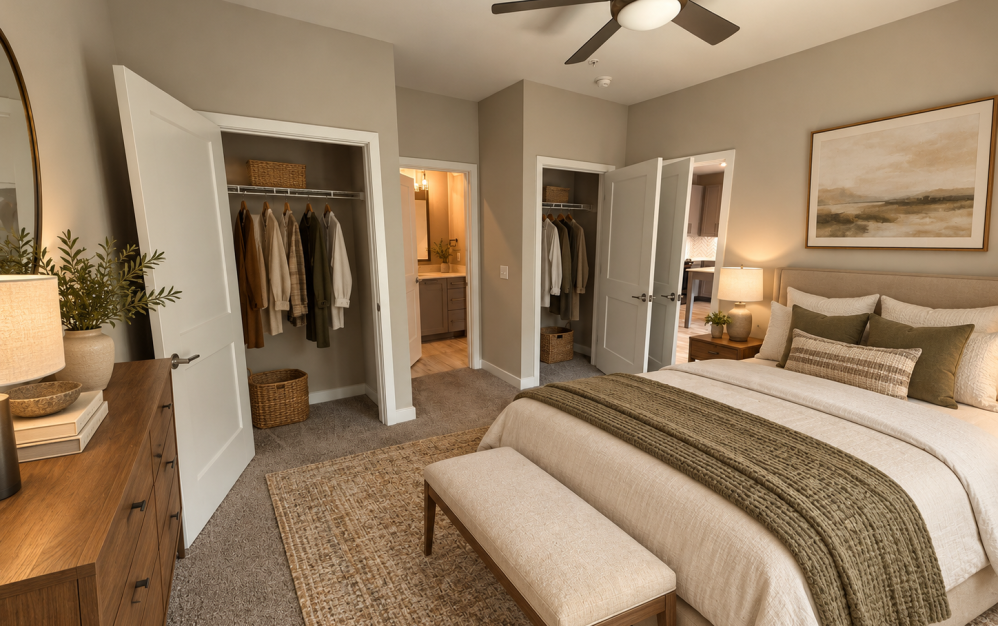 A4 - 1 bedroom floor plan layout with 1 bathroom and 735 square feet (Bedroom, 3D)