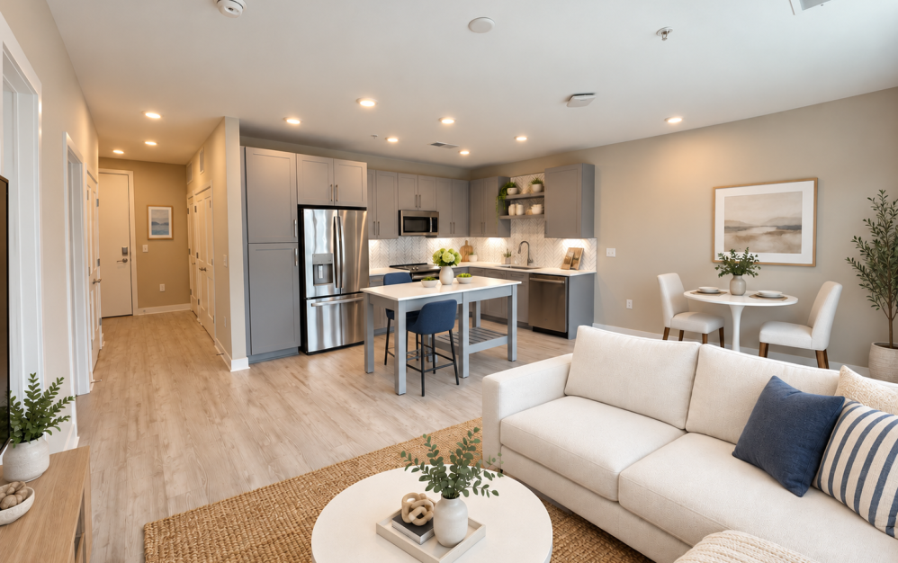 A4 - 1 bedroom floor plan layout with 1 bathroom and 735 square feet (Living Area, 2D)