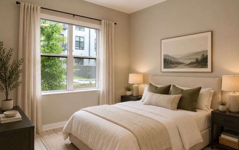 A8 - 1 bedroom floor plan layout with 1 bathroom and 833 square feet (Bedroom, 3D)