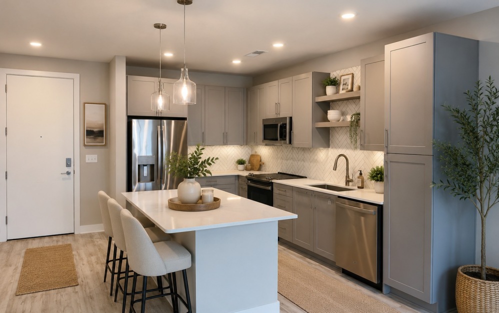 A8 - 1 bedroom floor plan layout with 1 bathroom and 833 square feet (Kitchen, 3D)