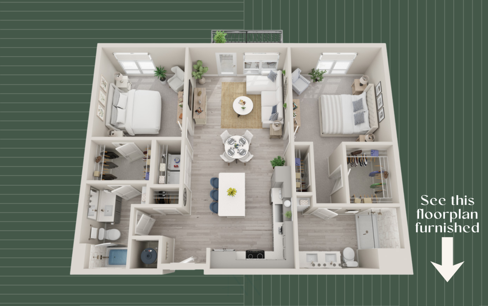 B6 - 2 bedroom floor plan layout with 2 bathrooms and 1167 square feet (Residence Layout, 3D)