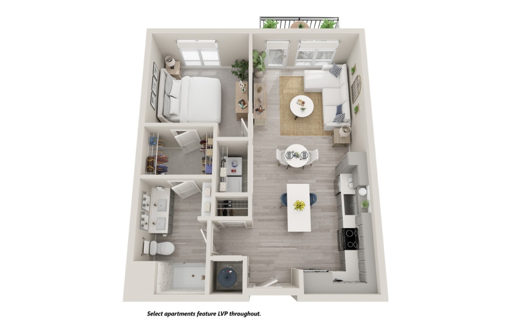A6 - 1 bedroom floor plan layout with 1 bathroom and 747 square feet (Residence Layout, 3D)