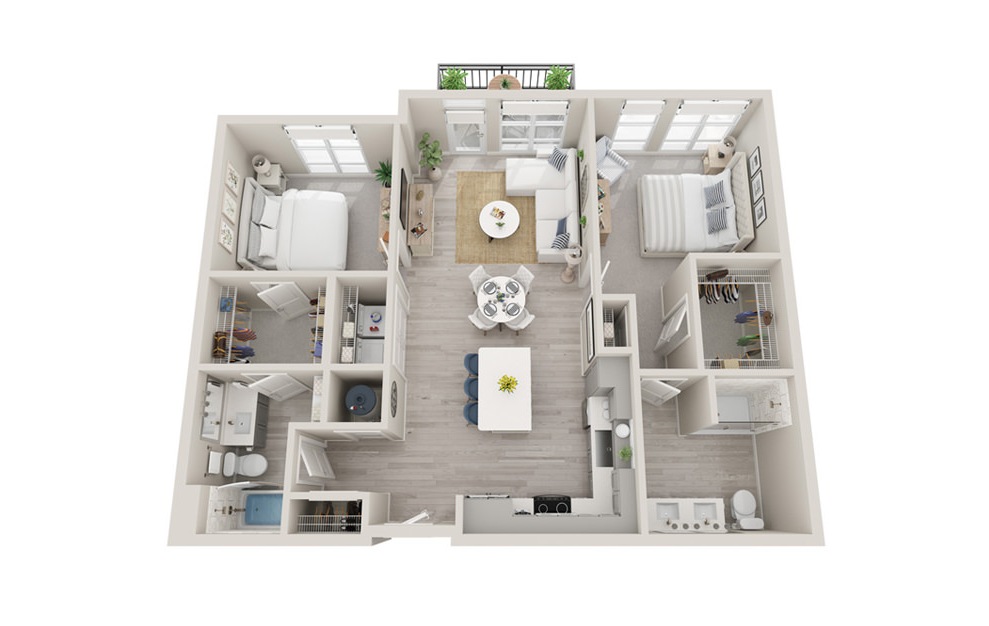 B4 - 2 bedroom floorplan layout with 2 baths and 1113 square feet. (3D)