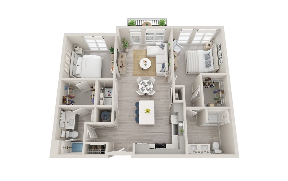 B4 - 2 bedroom floorplan layout with 2 bathrooms and 1113 square feet (3D)