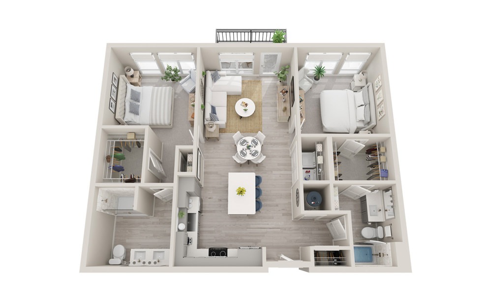 B5 - 2 bedroom floorplan layout with 2 bathrooms and 1137 square feet (3D)