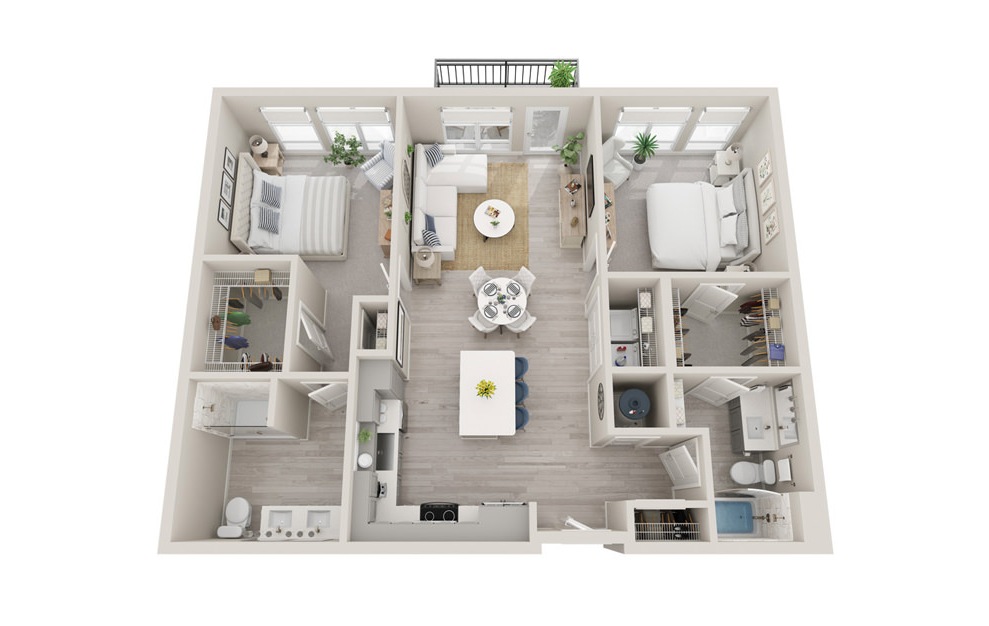 B5 - 2 bedroom floorplan layout with 2 baths and 1137 square feet. (3D)